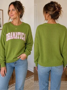 Witty Fox Dramatica Sweater Women’s L Green Pink Graphic Knit Crewneck
